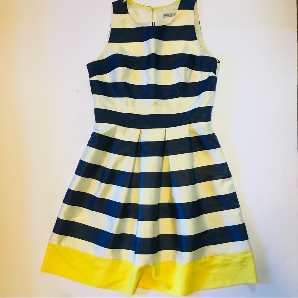 Eliza J Navy, White & Yellow Stripe Fit & Flare